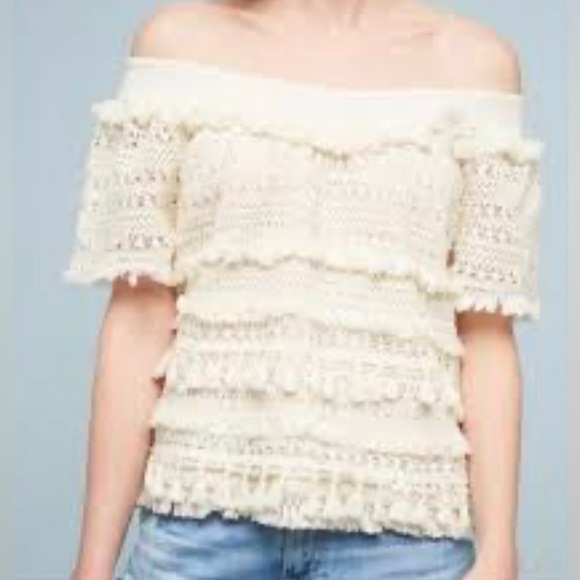Anthropologie Love Sam Cotton Off Shoulder Short Sleeve Ivory Crocheted Top, Sm - Picture 9 of 9